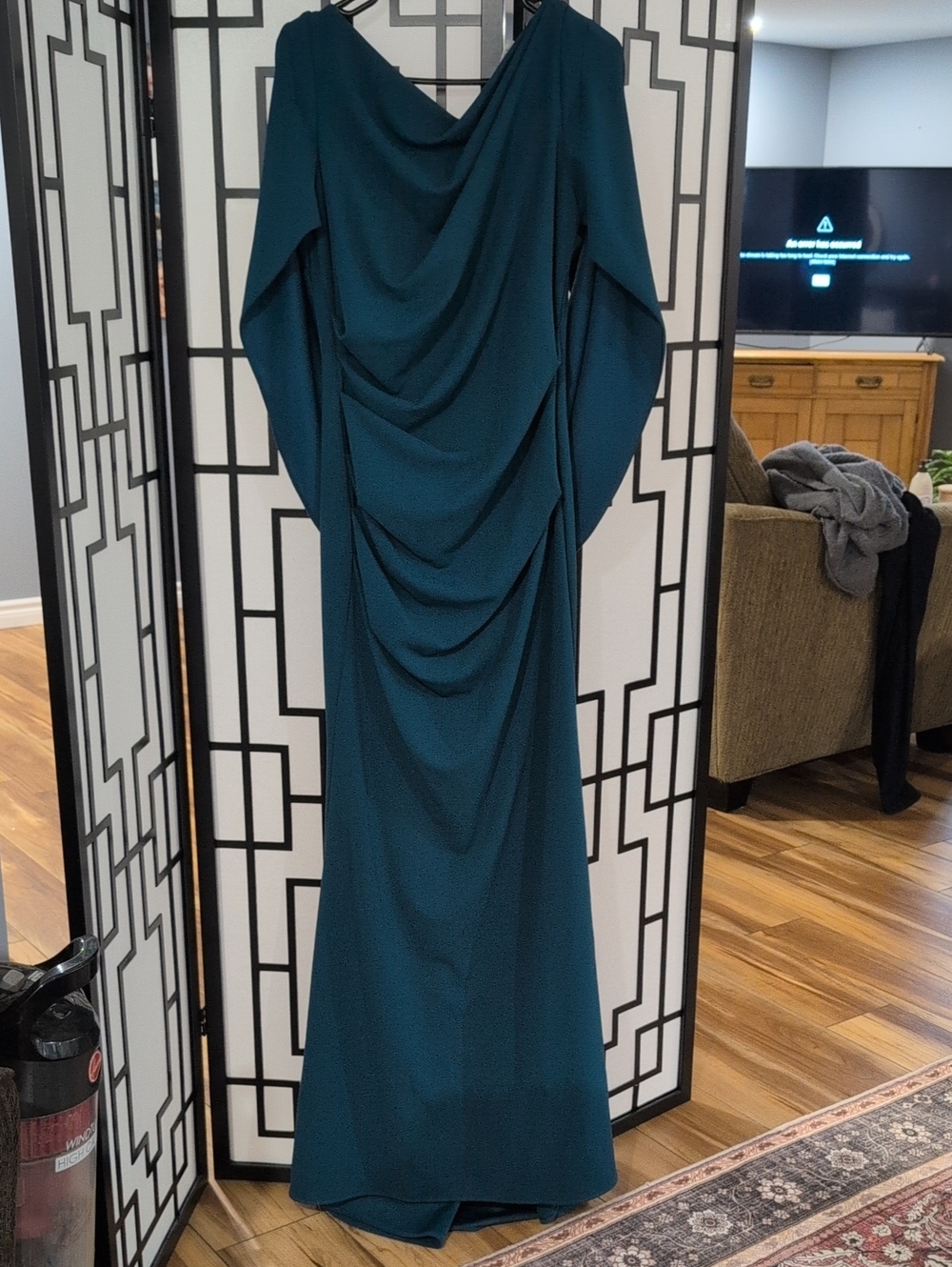 Teal Draped Long Sleeve Evening Dress
